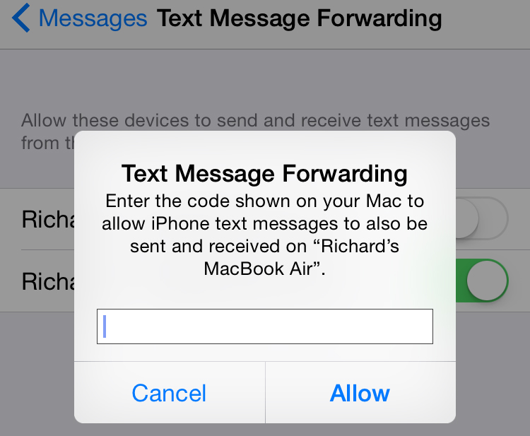 no code on my mac for text message forwarding